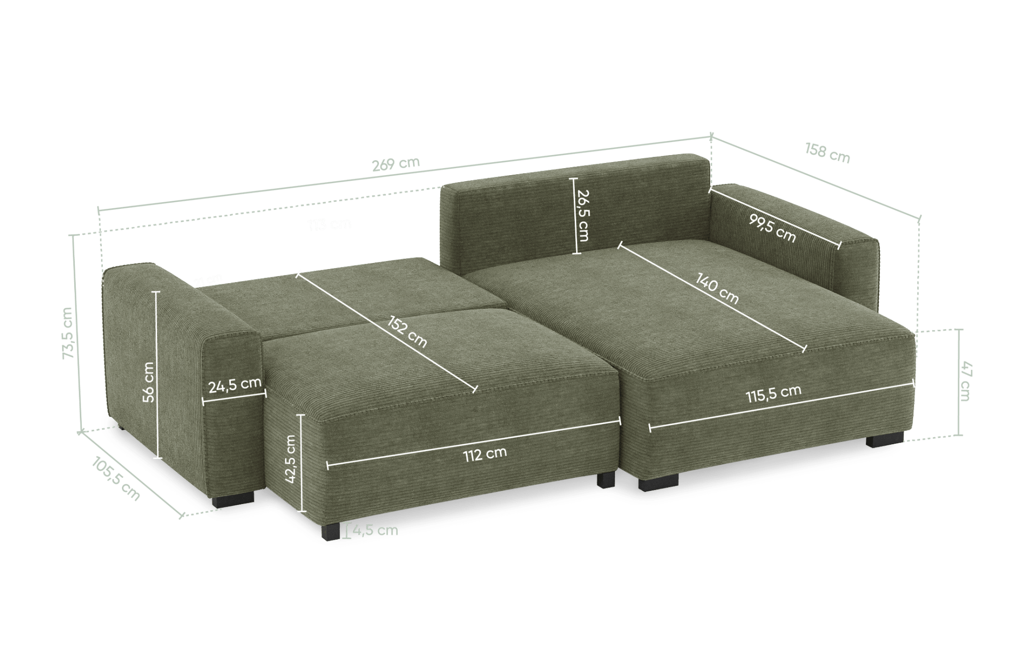 Teste - Sofá cama com chaise longue reversível verde LAUREN - Gato Preto