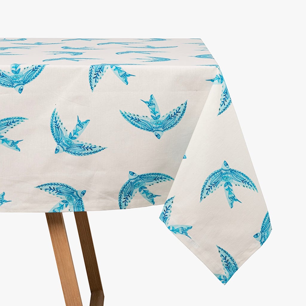 Toalha de Mesa Quadrada Branca com Pássaros Azuis BLUE BIRD - Gato Preto