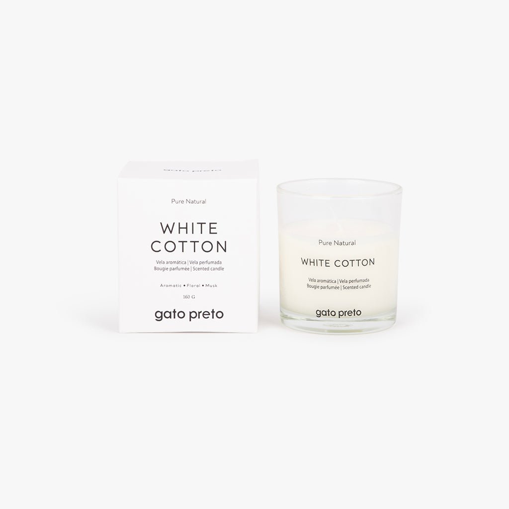 Vela Perfumada em Copo de Vidro White Cotton 160g PURE NATURAL - Gato Preto